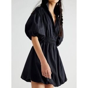 Free People Black Puff Sleeve Smocked Waist Shirtdress Mini Size L